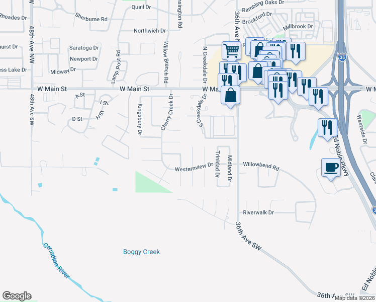 map of restaurants, bars, coffee shops, grocery stores, and more near 412 Boulder Ct in Norman