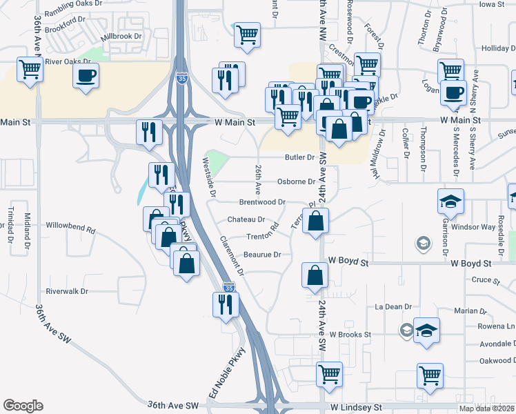 map of restaurants, bars, coffee shops, grocery stores, and more near 2618 Brentwood Drive in Norman