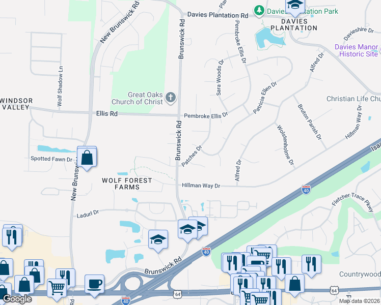 map of restaurants, bars, coffee shops, grocery stores, and more near 3225 Patches Drive in Memphis