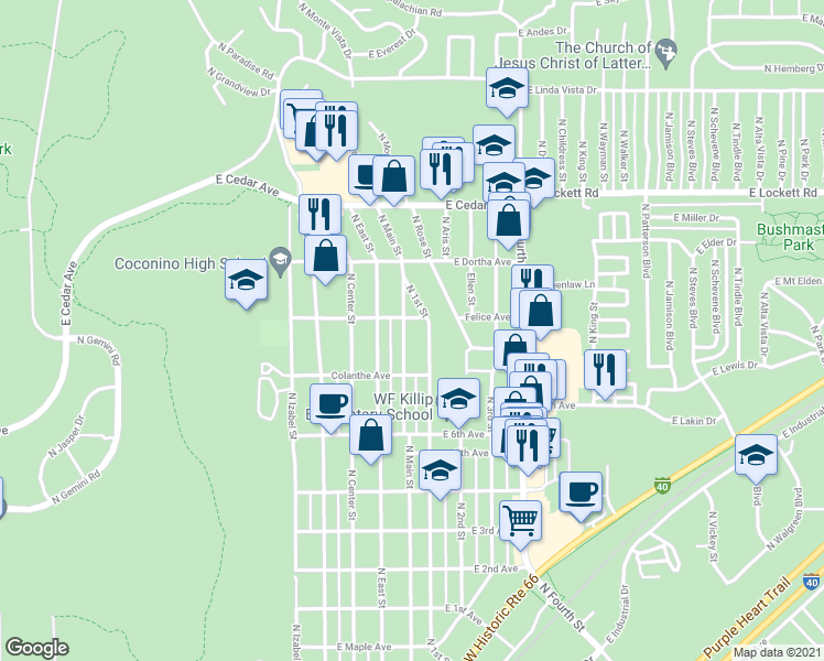 map of restaurants, bars, coffee shops, grocery stores, and more near 2612 North Main Street in Flagstaff