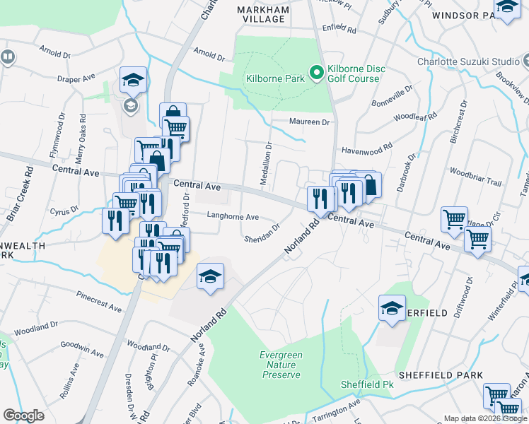 map of restaurants, bars, coffee shops, grocery stores, and more near 4027 Langhorne Avenue in Charlotte