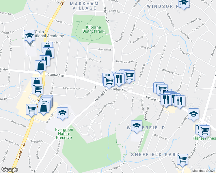 map of restaurants, bars, coffee shops, grocery stores, and more near Central Ave & Kilborne Dr in Charlotte
