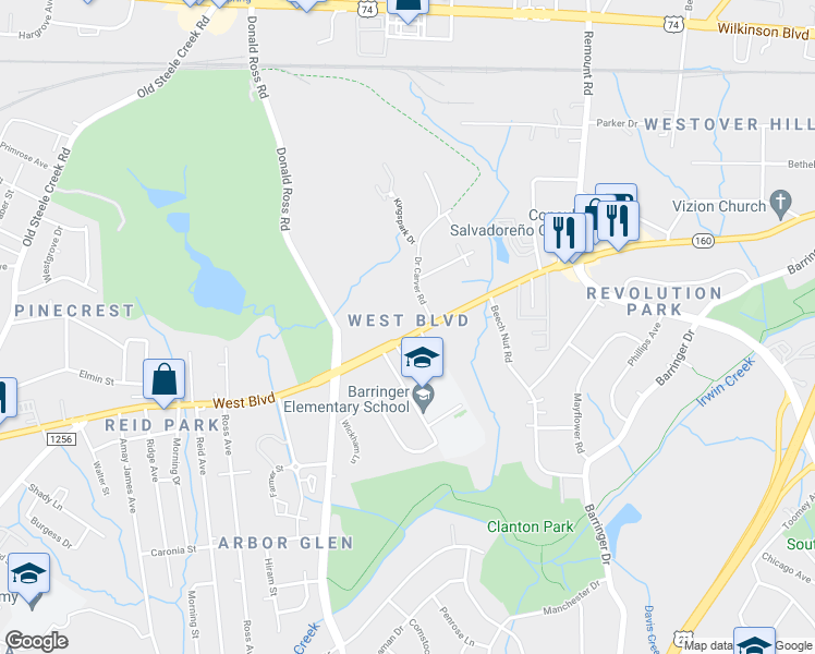 map of restaurants, bars, coffee shops, grocery stores, and more near 1918 West Blvd in Charlotte
