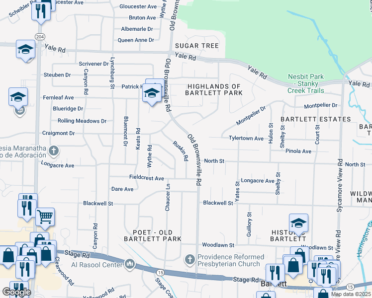 map of restaurants, bars, coffee shops, grocery stores, and more near 3232 Ruskin Road in Memphis