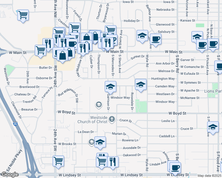 map of restaurants, bars, coffee shops, grocery stores, and more near 406 Margaret Drive in Norman