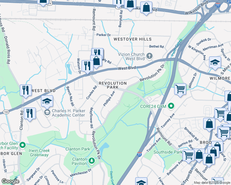 map of restaurants, bars, coffee shops, grocery stores, and more near 2611 Phillips Avenue in Charlotte