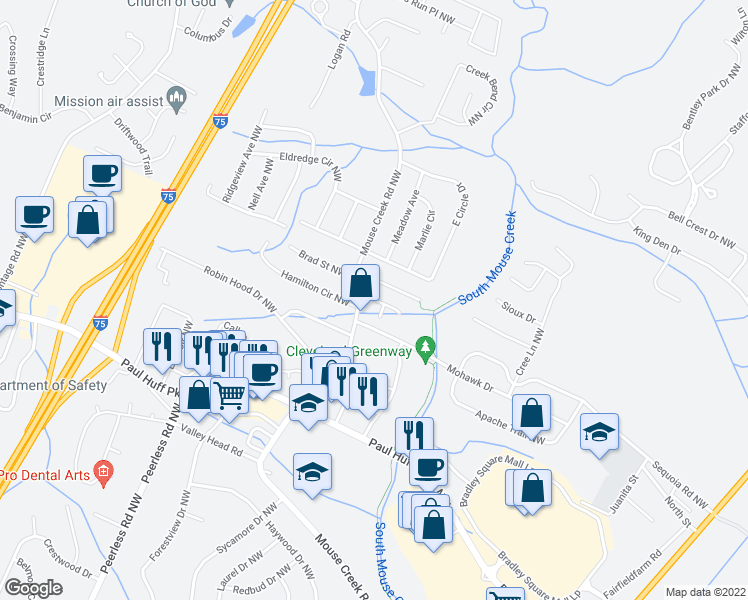 map of restaurants, bars, coffee shops, grocery stores, and more near 881 Stone Glen Trail Northwest in Cleveland