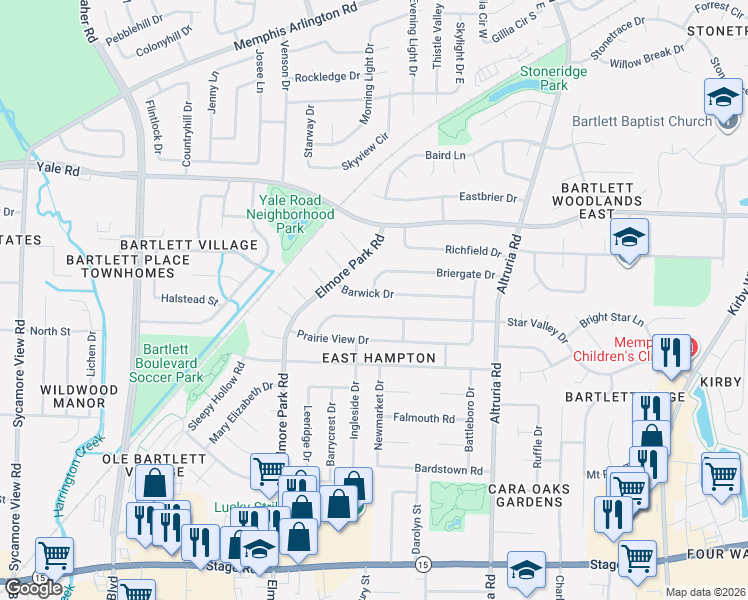 map of restaurants, bars, coffee shops, grocery stores, and more near 6303 Barwick Drive in Bartlett