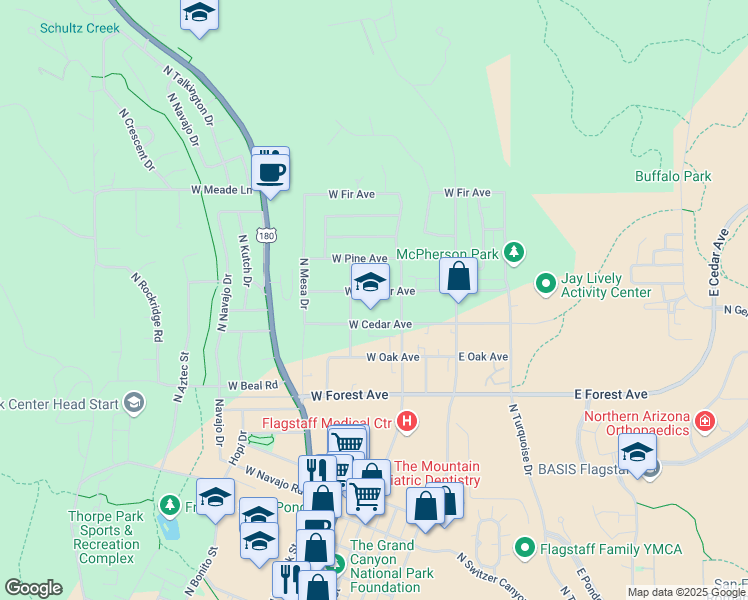 map of restaurants, bars, coffee shops, grocery stores, and more near 1620 North Sunset Drive in Flagstaff