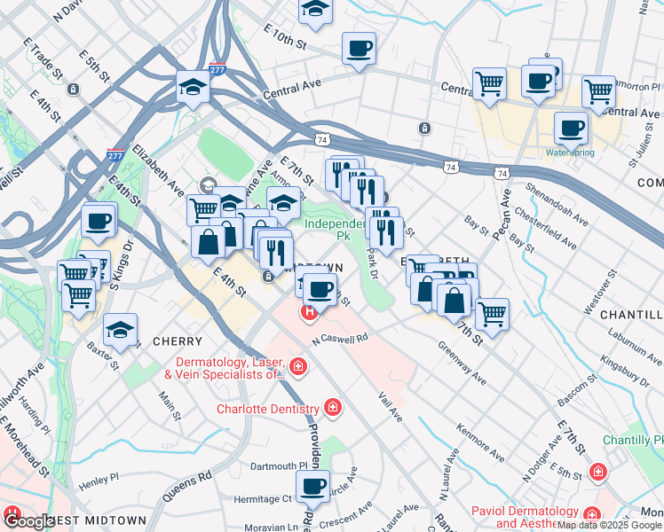 map of restaurants, bars, coffee shops, grocery stores, and more near 300 Hawthorne Lane in Charlotte