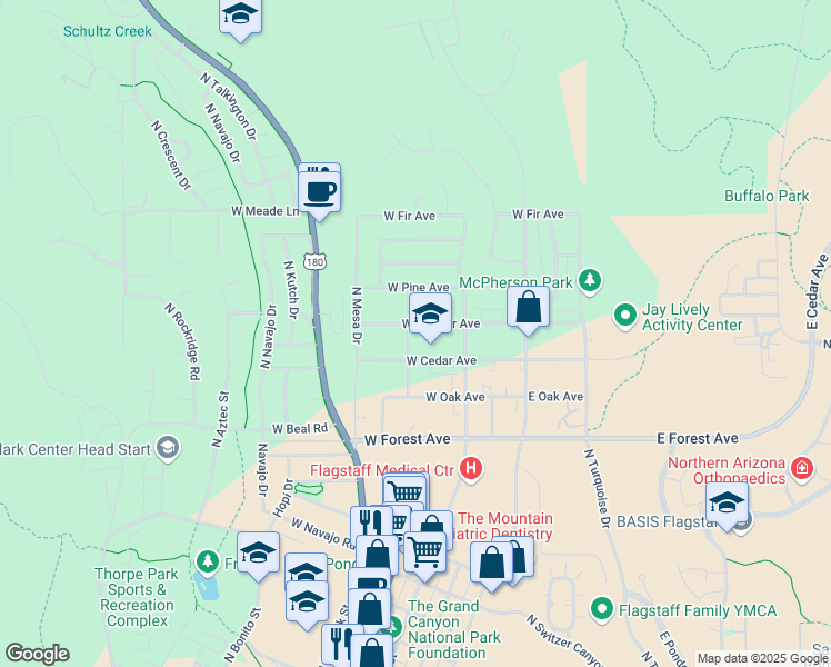 map of restaurants, bars, coffee shops, grocery stores, and more near 1620 North Sunset Drive in Flagstaff