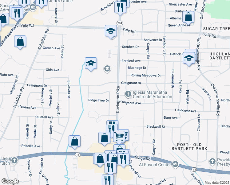 map of restaurants, bars, coffee shops, grocery stores, and more near 3239 Covington Pike in Memphis