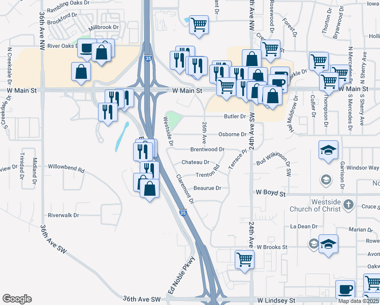map of restaurants, bars, coffee shops, grocery stores, and more near 2650 Brentwood Drive in Norman