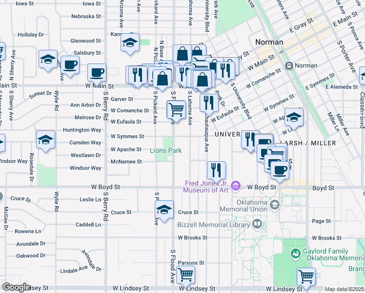 map of restaurants, bars, coffee shops, grocery stores, and more near 422 South Lahoma Avenue in Norman