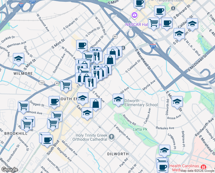 map of restaurants, bars, coffee shops, grocery stores, and more near 1432 Cleveland Avenue in Charlotte