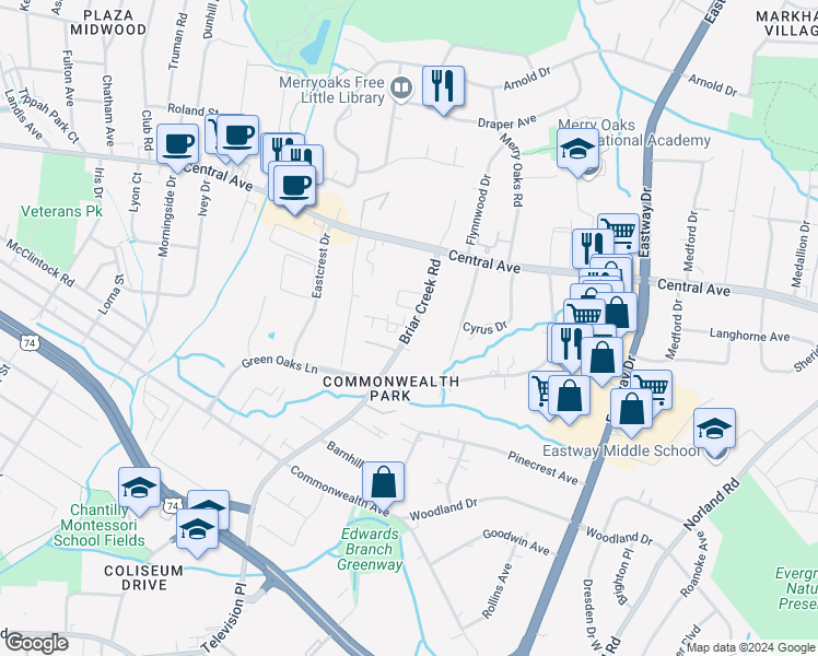 map of restaurants, bars, coffee shops, grocery stores, and more near 1445 Briar Creek Road in Charlotte