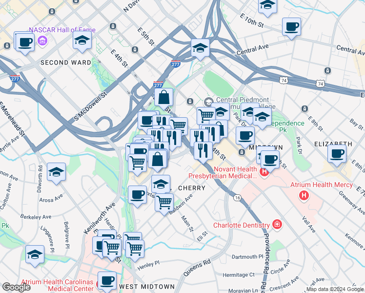 map of restaurants, bars, coffee shops, grocery stores, and more near 220 Charlottetowne Avenue in Charlotte