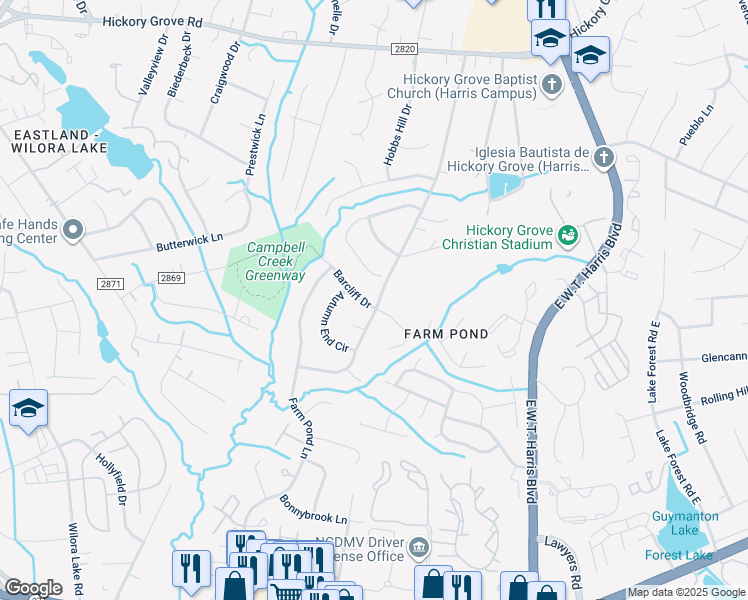 map of restaurants, bars, coffee shops, grocery stores, and more near 6820 Barcliff Drive in Charlotte