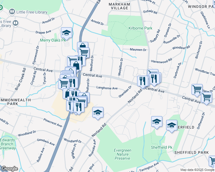 map of restaurants, bars, coffee shops, grocery stores, and more near 4032 Sheridan Drive in Charlotte