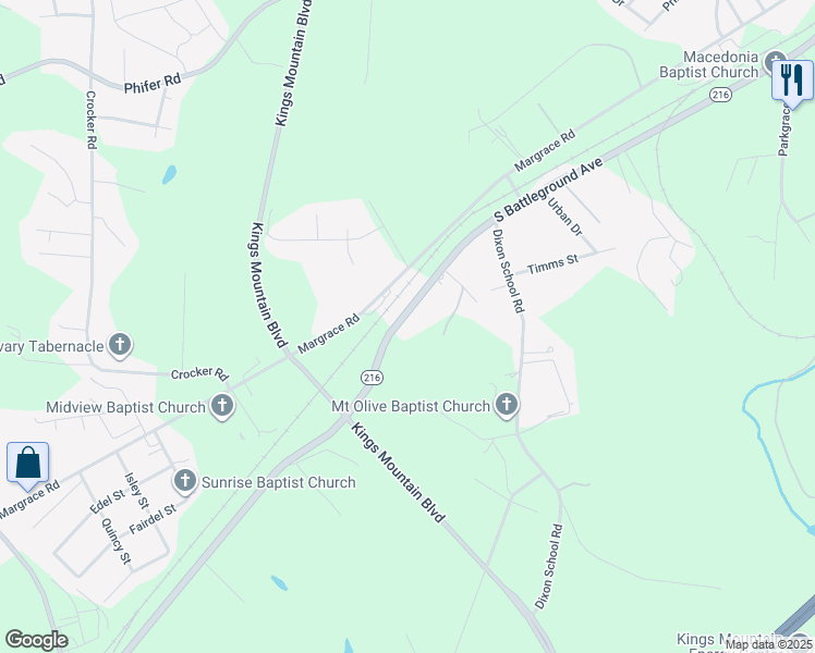 map of restaurants, bars, coffee shops, grocery stores, and more near 1325 South Battleground Avenue in Kings Mountain