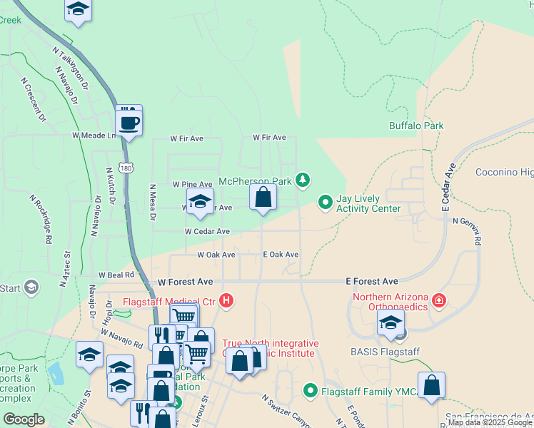 map of restaurants, bars, coffee shops, grocery stores, and more near 1620 North San Francisco Street in Flagstaff