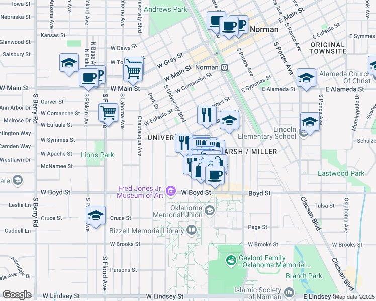 map of restaurants, bars, coffee shops, grocery stores, and more near 526 South University Boulevard in Norman