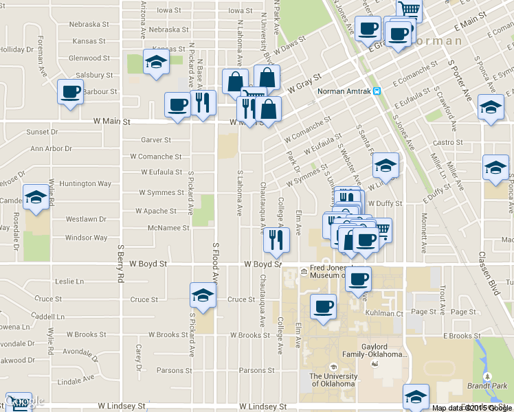 map of restaurants, bars, coffee shops, grocery stores, and more near 424 Chautauqua Avenue in Norman