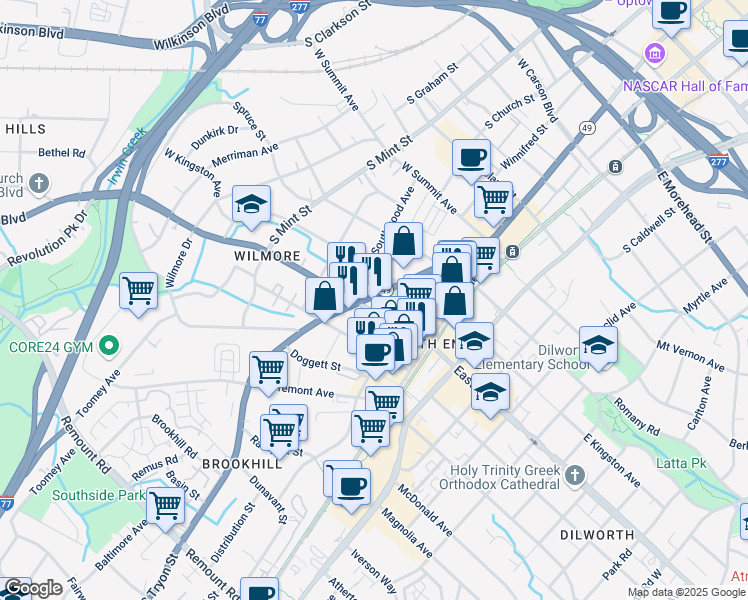 map of restaurants, bars, coffee shops, grocery stores, and more near 222 West Boulevard in Charlotte