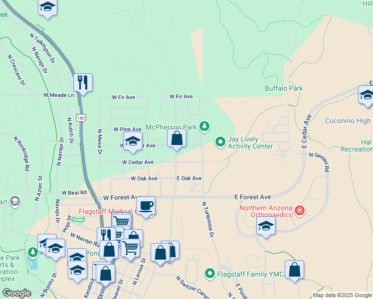 map of restaurants, bars, coffee shops, grocery stores, and more near 1620 North San Francisco Street in Flagstaff