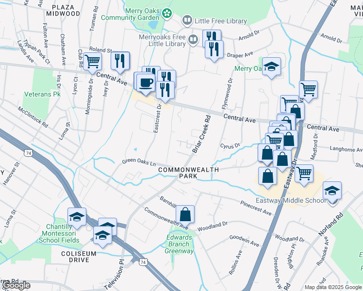 map of restaurants, bars, coffee shops, grocery stores, and more near 1427 Briar Creek Road in Charlotte