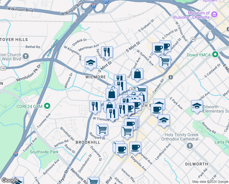 map of restaurants, bars, coffee shops, grocery stores, and more near 308 West Worthington Avenue in Charlotte