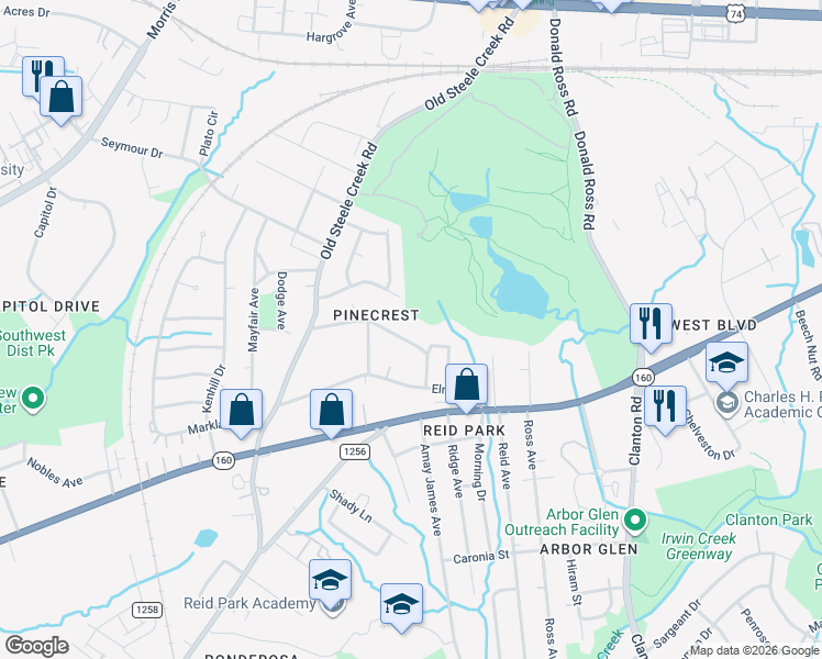 map of restaurants, bars, coffee shops, grocery stores, and more near 2562 Hemphill Street in Charlotte