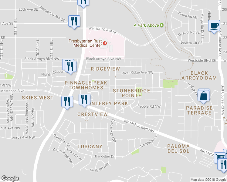 map of restaurants, bars, coffee shops, grocery stores, and more near 10827 Stonebrook Place Northwest in Albuquerque