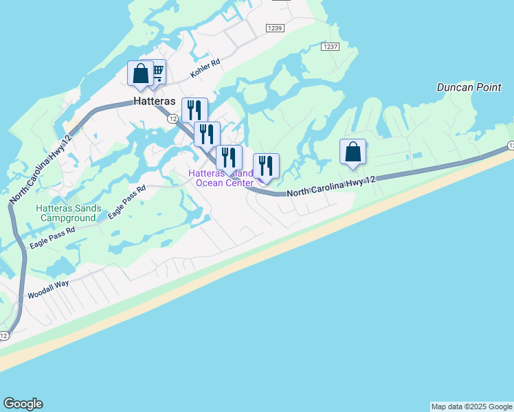 map of restaurants, bars, coffee shops, grocery stores, and more near 57211 Atlantic View Drive in Hatteras