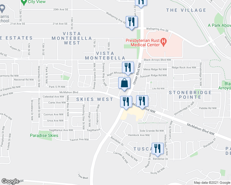 map of restaurants, bars, coffee shops, grocery stores, and more near 5751 McMahon Boulevard Northwest in Albuquerque