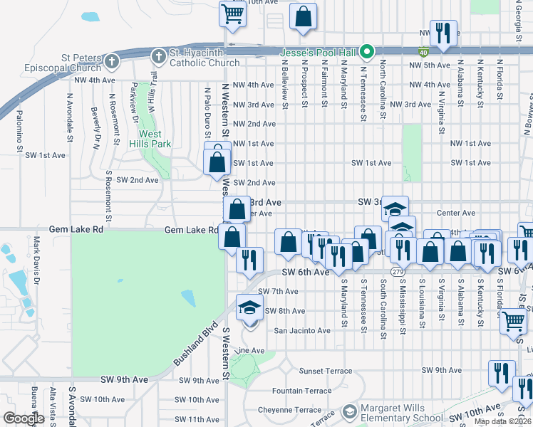 map of restaurants, bars, coffee shops, grocery stores, and more near 307 South Forest Street in Amarillo