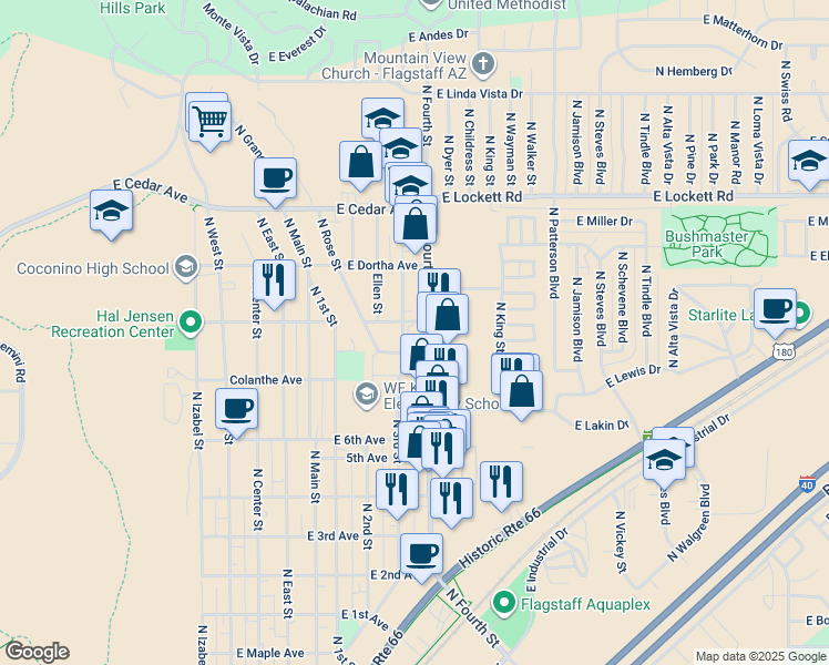 map of restaurants, bars, coffee shops, grocery stores, and more near 2625 North 4th Street in Flagstaff