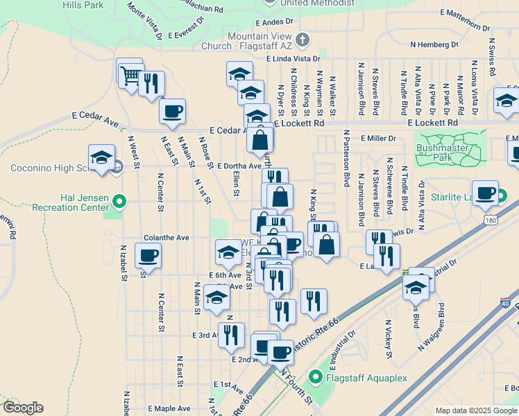 map of restaurants, bars, coffee shops, grocery stores, and more near 2625 North 4th Street in Flagstaff
