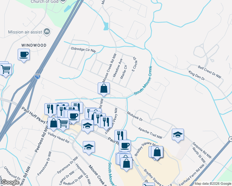 map of restaurants, bars, coffee shops, grocery stores, and more near 844 Stone Glen Trail Northwest in Cleveland