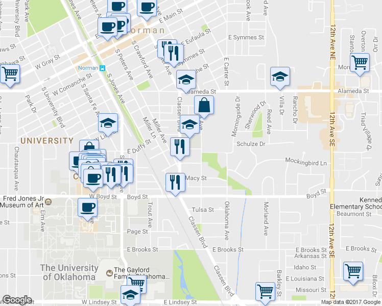 map of restaurants, bars, coffee shops, grocery stores, and more near 418 Ferrill Street in Norman