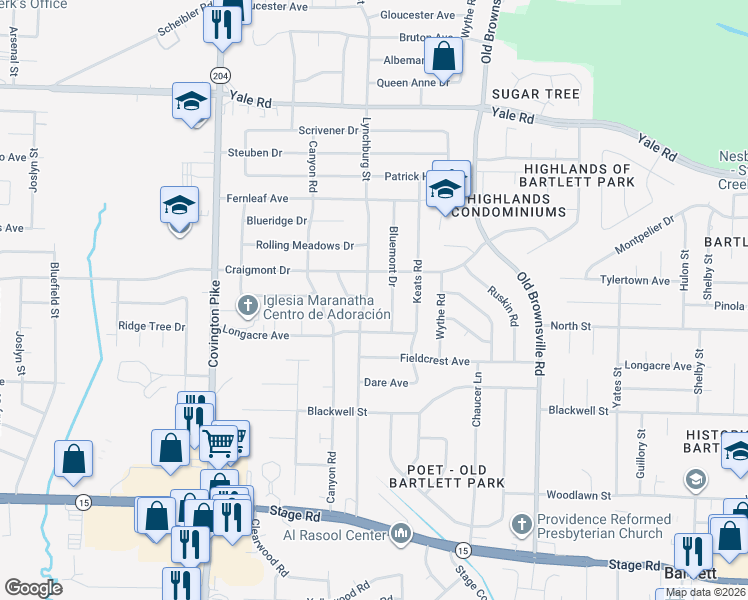 map of restaurants, bars, coffee shops, grocery stores, and more near 3238 Lynchburg Street in Memphis
