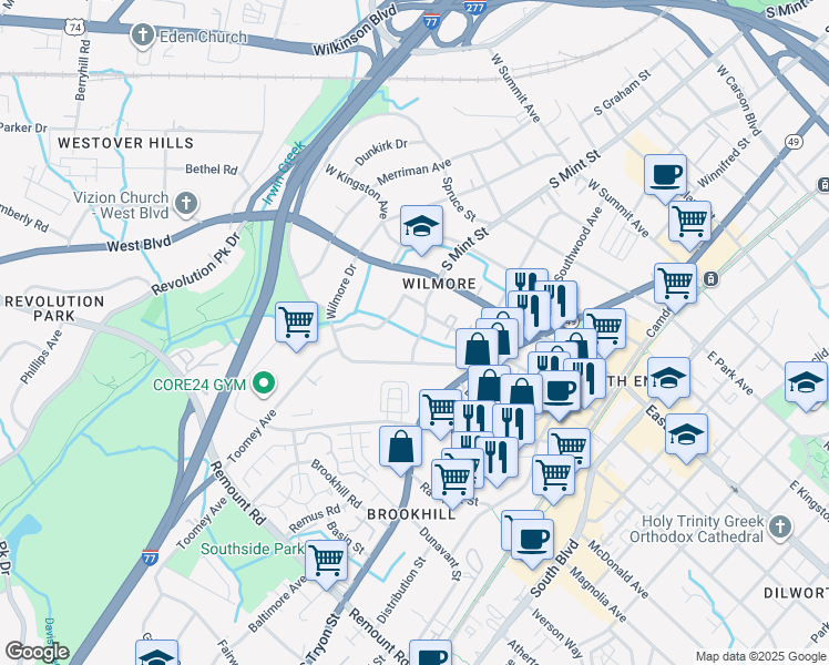 map of restaurants, bars, coffee shops, grocery stores, and more near 1924 South Mint Street in Charlotte