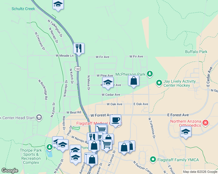 map of restaurants, bars, coffee shops, grocery stores, and more near 303 West Juniper Avenue in Flagstaff