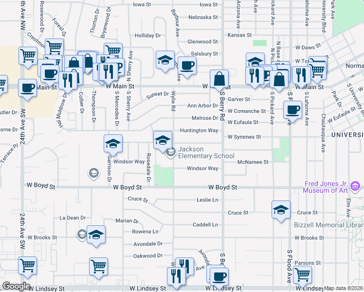 map of restaurants, bars, coffee shops, grocery stores, and more near 1226 Camden Way in Norman