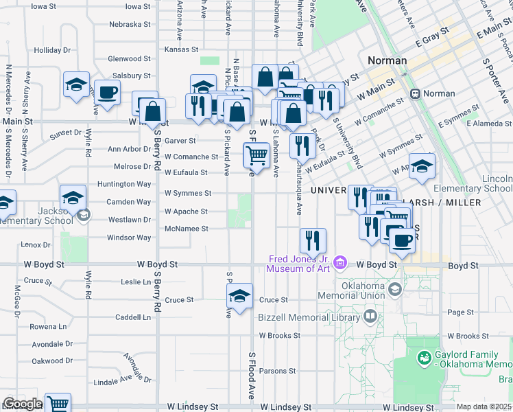 map of restaurants, bars, coffee shops, grocery stores, and more near 421 South Flood Avenue in Norman