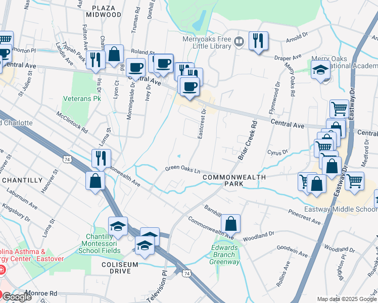 map of restaurants, bars, coffee shops, grocery stores, and more near 1415 Eastcrest Drive in Charlotte