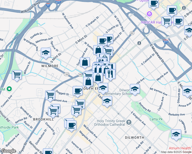 map of restaurants, bars, coffee shops, grocery stores, and more near in Charlotte