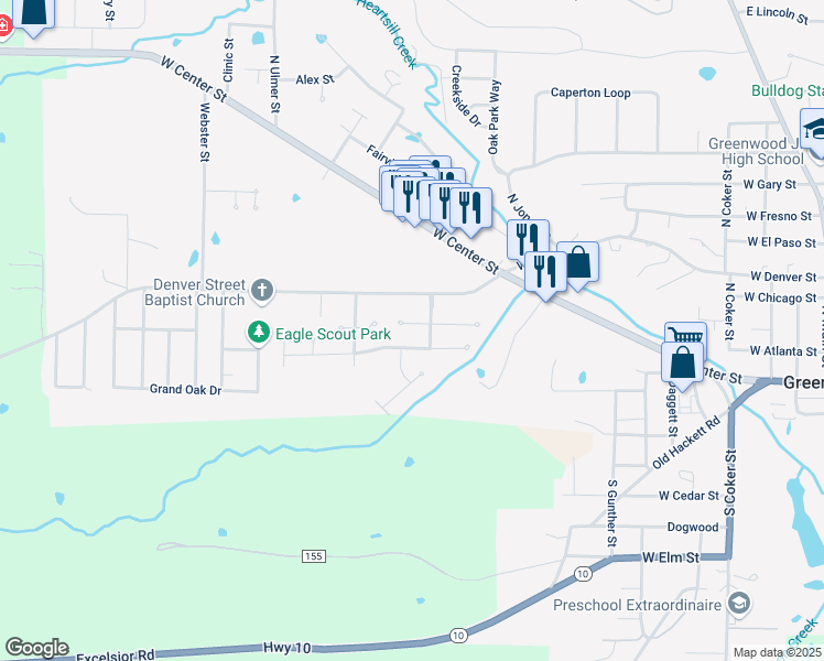 map of restaurants, bars, coffee shops, grocery stores, and more near 909 West Baltimore Street in Greenwood