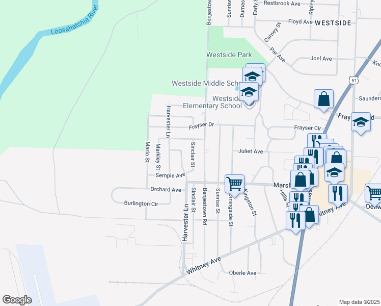 map of restaurants, bars, coffee shops, grocery stores, and more near 3245 Sinclair Street in Memphis