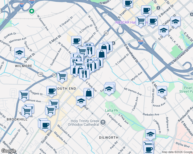 map of restaurants, bars, coffee shops, grocery stores, and more near 1432 Cleveland Avenue in Charlotte